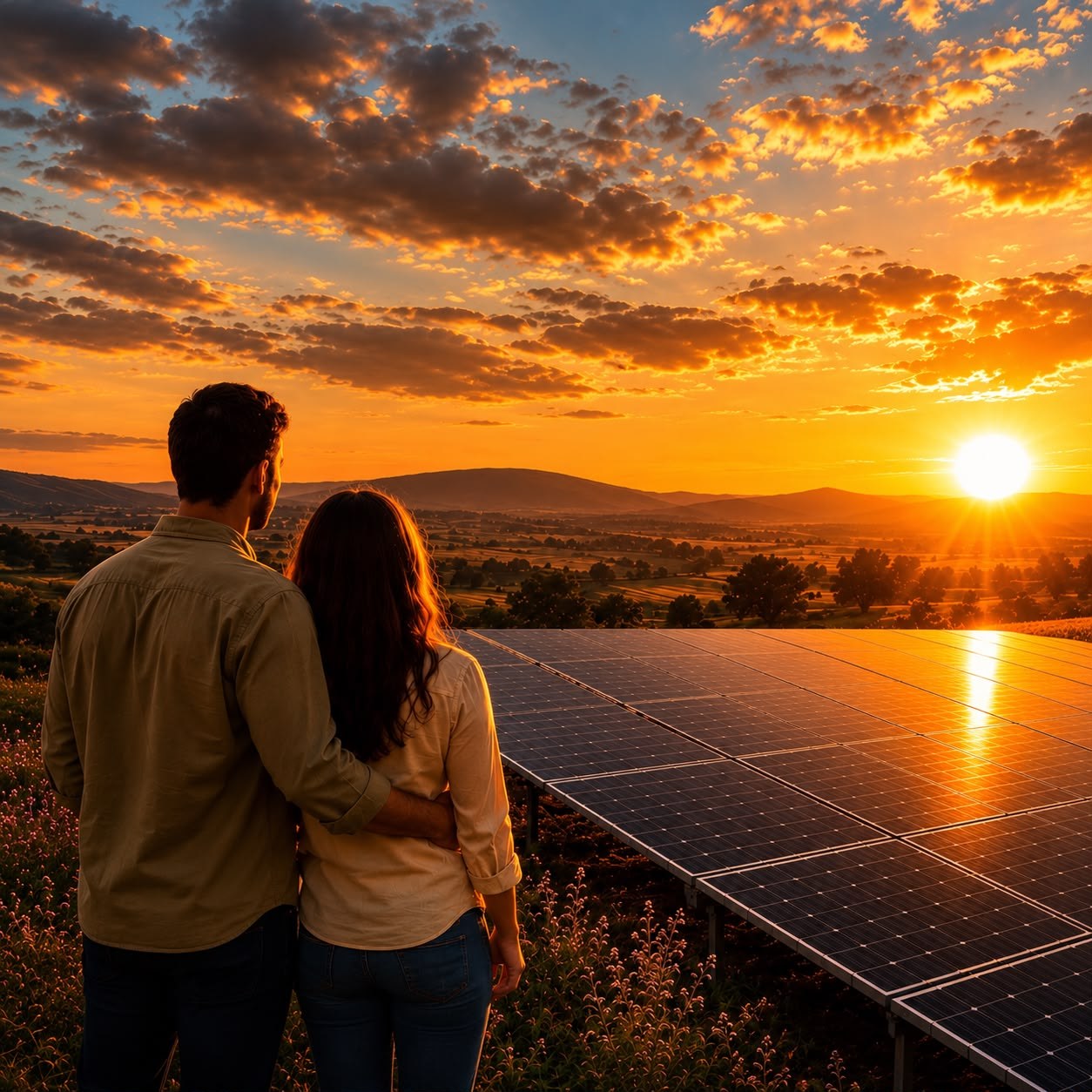 Casal observando um campo de painéis fotovoltaicos ao entardecer