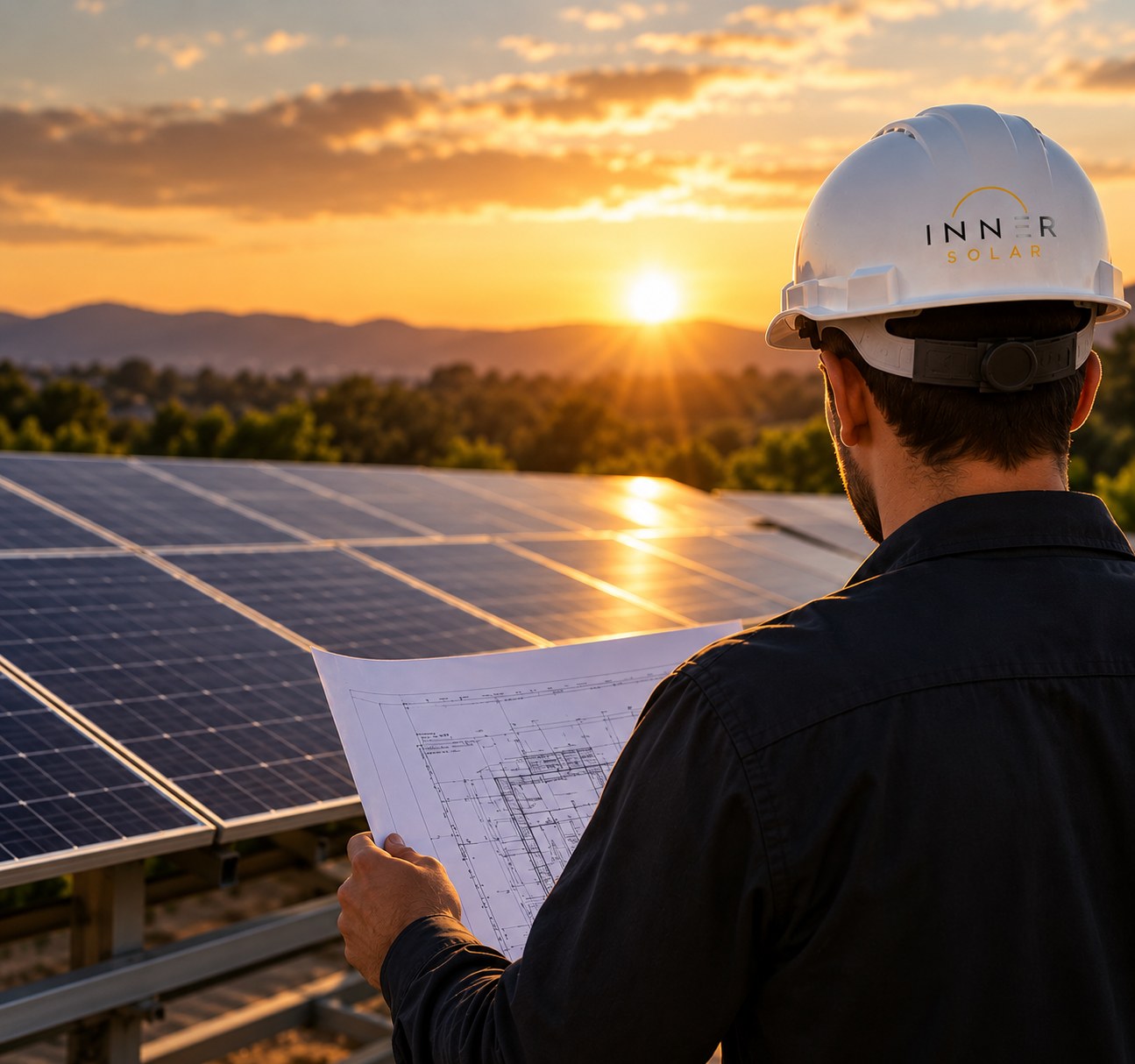 Engenheiro da Inner Solar analisando projeto técnico ao lado de painéis fotovoltaicos, ao entardecer