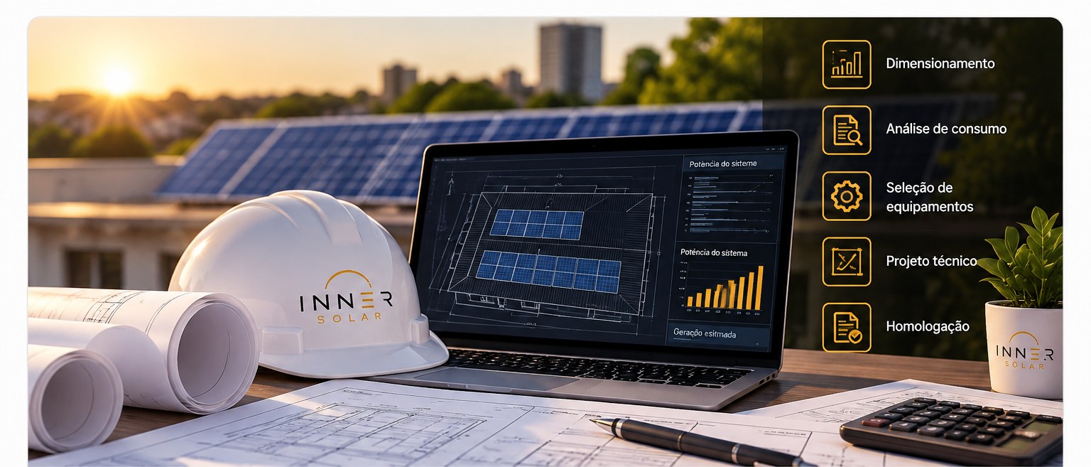 Etapas de um projeto fotovoltaico Inner Solar: dimensionamento, análise de consumo, seleção de equipamentos, projeto técnico e homologação